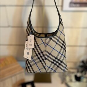 Burberry Tan and Black Plaid Shoulder Bag with Blue Accents